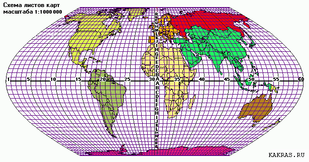 Международная разграфка карты мира на листы масштаба 1:1 000 000 для северного и южного полушарий Земли. 
