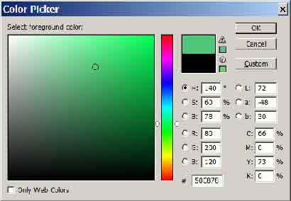 Определить значения RGB, CMYK, HSV в программе Photoshop, открыв окно Color Picker